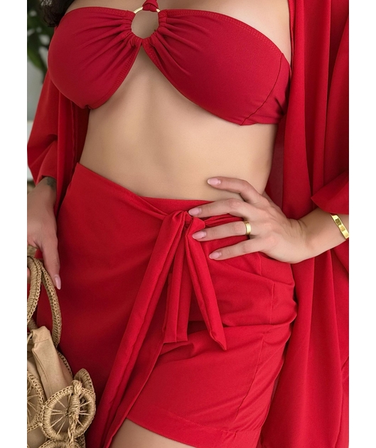 SAÍDA DE PRAIA KIMONO COM SHORT SAIA SEDINHA VERMELHA COLEÇÃO CALIENTE