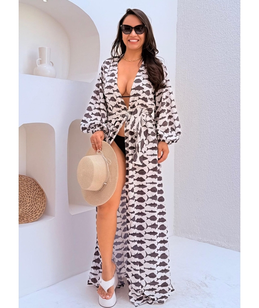 SAÍDA DE PRAIA LONGA ESTAMPA MARÉ DE PEIXES PRETA COLEÇÃO SARDENHA