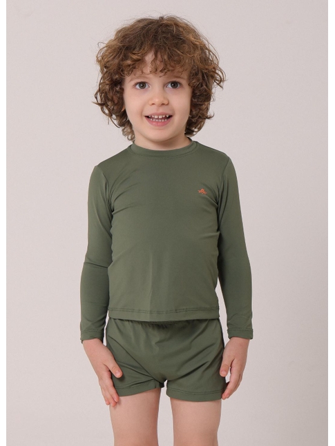 CONJUNTO INFANTIL DE PROTEÇÃO UV CAMISA COM SUNGA VERDE MILITAR
