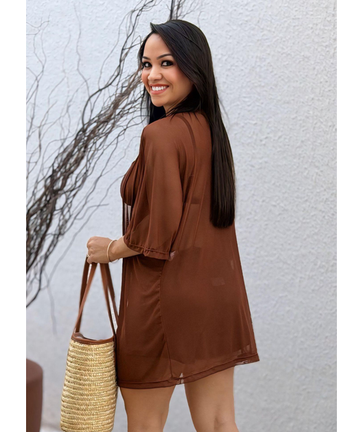 SAÍDA DE PRAIA KIMONO COM SHORT MARROM NO TULE