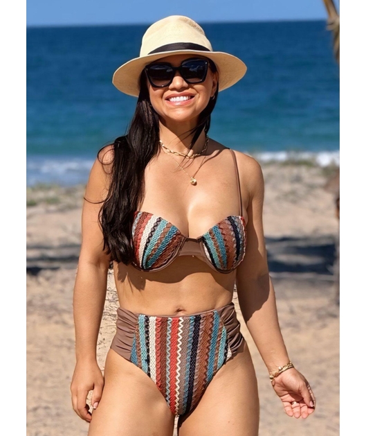 BIQUÍNI MEIA TAÇA CROCHÊ CALCINHA ALTA MARROM COLEÇÃO CARIBENHA II - GG