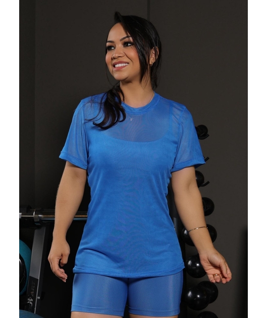 CAMISETA FITNESS NO TULE AZUL COLEÇÃO FEBELA MOVE