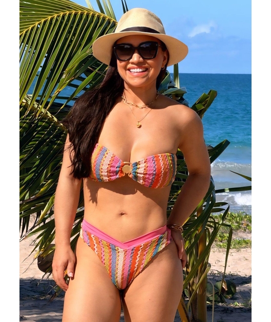 CONJUNTO BIQUÍNI TOP ARGOLA CALCINHA ASA DELTA COM SAIA LONGA ROSA COLEÇÃO CARIBENHA II