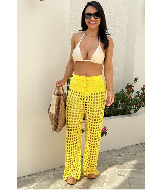 SAÍDA DE PRAIA CALÇA NO TRICÔ AMARELA LOOK1256