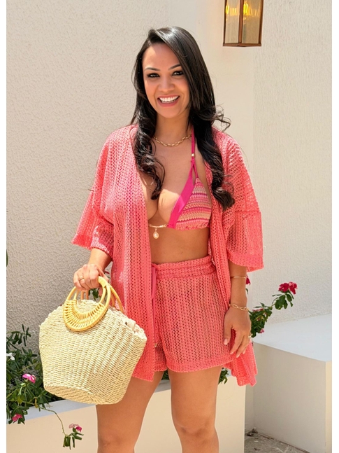 SAÍDA DE PRAIA CONJUNTO KIMONO COM SHORT ROSA M45