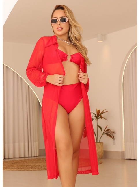 SAÍDA DE PRAIA MAX CAMISA NO TULE VERMELHA COLEÇÃO COR DO PECADO