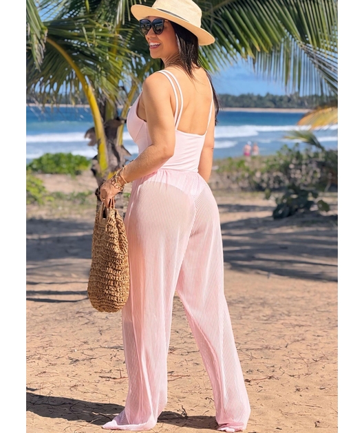 SAÍDA DE PRAIA CALÇA TULE EM LISTRA ROSA COLEÇÃO DULCE CARIBE