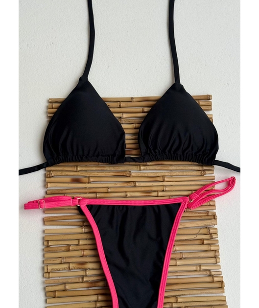 BIQUÍNI CORTININHA CALCINHA COM REGULADOR PRETO COM DETALHE ROSA NEON COLEÇÃO ESQUENTA FOLIA