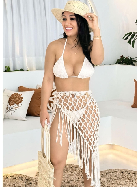 SAÍDA DE PRAIA SAIA NO CROCHÊ DE FRANJAS OFF WHITE COLEÇÃO HANDMADE