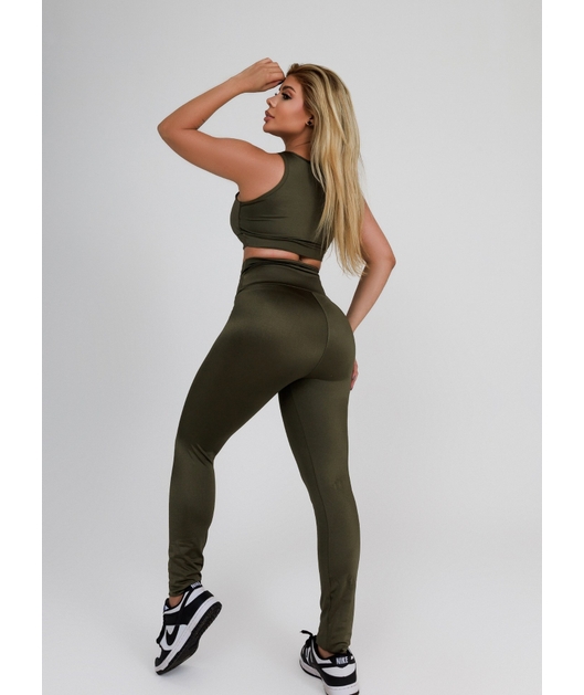 CONJUNTO FIT TRILOBAL TOP BASIC CALÇA COS ALTO FAIXA VERDE MILITAR