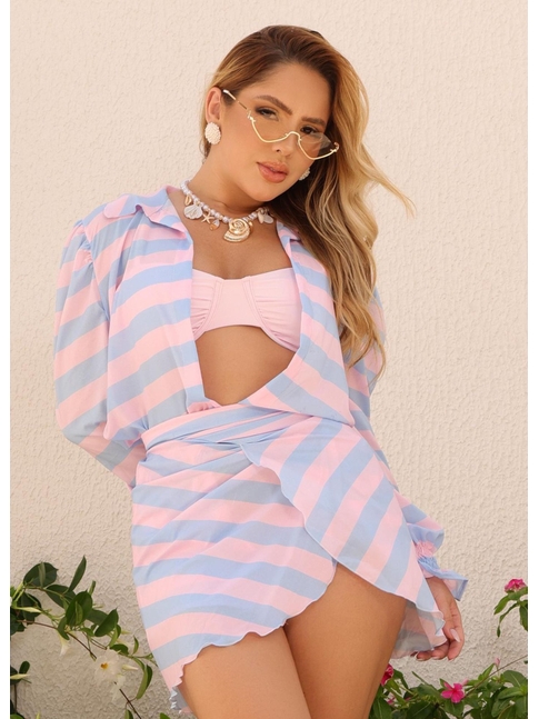 SAÍDA DE PRAIA CAMISA COM PÁREO LISTRA ROSA COLEÇÃO CANDY COLOR