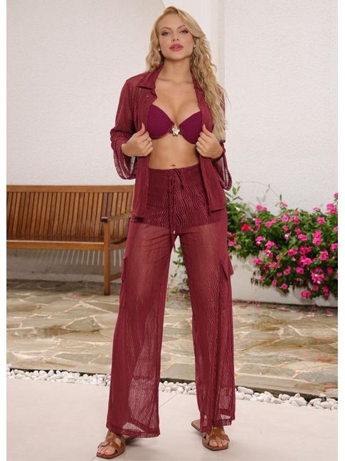 SAÍDA DE PRAIA CONJUNTO CAMISA COM CALÇA CARGO MARSALA  COLEÇÃO MULHER