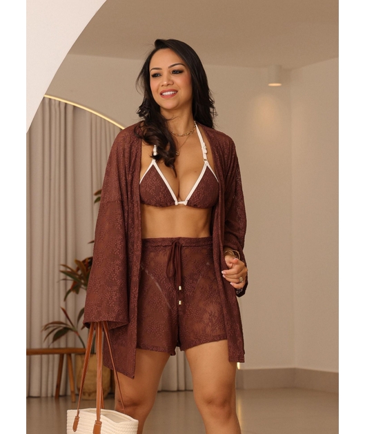 SAÍDA DE PRAIA CONJUNTO KIMONO COM SHORT NA RENDA MARROM COLEÇÃO ÁGUA VIVA