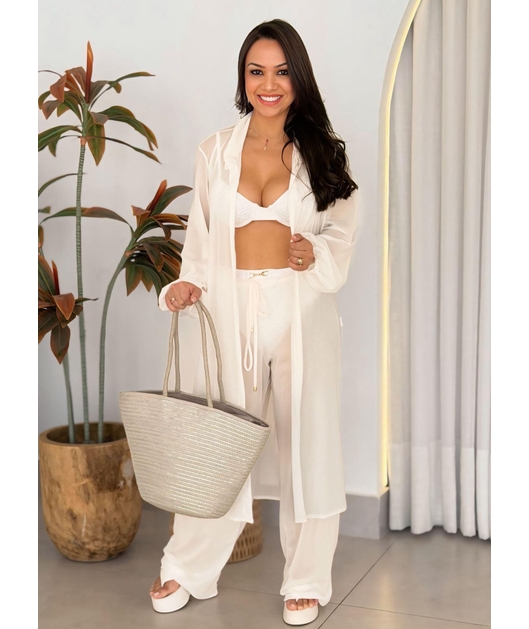 SAÍDA DE PRAIA MAX CAMISA COM CALÇA NO TULE BRANCA VAN25