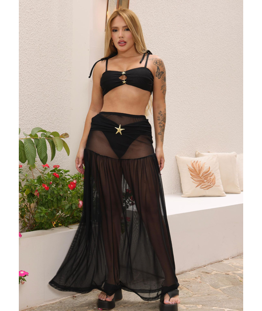SAÍDA DE PRAIA SAIA LONGA ESTRELA NO TULE PRETA COLEÇÃO PARTIU PRAIA