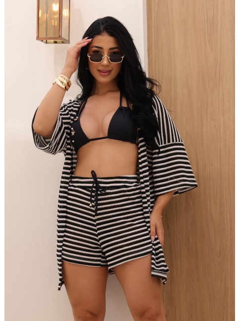 SAÍDA DE PRAIA KIMONO COM SHORT PRETO F25