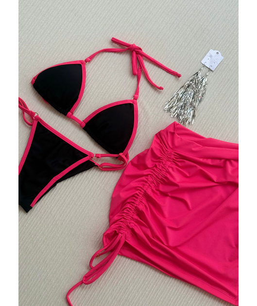 COMBO DE CARNAVAL BIQUÍNI CORTININHA PRETO E MINI SAIA ROSA NEON COLEÇÃO ESQUENTA FOLIA