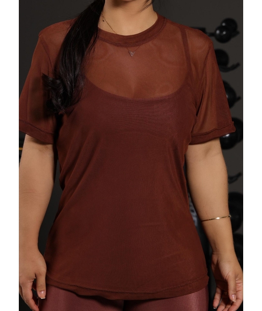 CAMISETA FITNESS NO TULE MARROM COLEÇÃO FEBELA MOVE