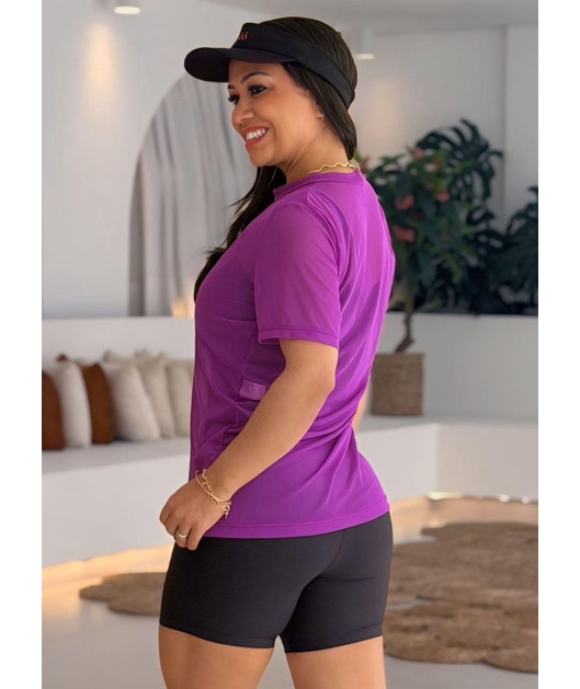 CAMISETA FITNESS NO TULE ROXO FÚSCIA COLEÇÃO FEBELA MOVE