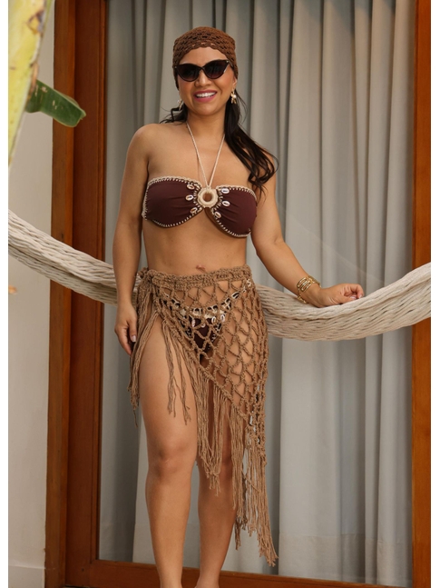 SAÍDA DE PRAIA SAIA FRANJA NO CROCHÊ MARROM COLEÇÃO HANDMADE