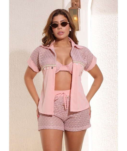 SAÍDA DE PRAIA CONJUNTO CAMISA E SHORT ROSE COLEÇÃO CELEBRATION