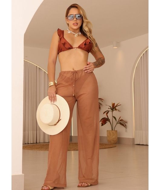 SAÍDA DE PRAIA CALÇA NO TULE MARROM COLEÇÃO COR DO PECADO