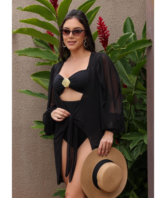 SAÍDA DE PRAIA MANGAS BUFANTES NO TULE PRETA