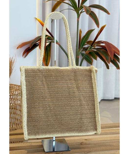 BOLSA DE PALHA GRANDE QUADRADA BEGE COM BORDA OFF WHITE