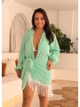 SAÍDA DE PRAIA CONJUNTO CHIFFON CAMISA COM PAREÔ DE FRANJA VERDE CLARO TGR5895 - 1