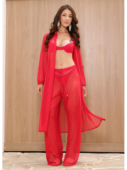 SAÍDA DE PRAIA MAX CAMISA COM CALÇA NO TULE VERMELHO COLEÇÃO OUSADIA