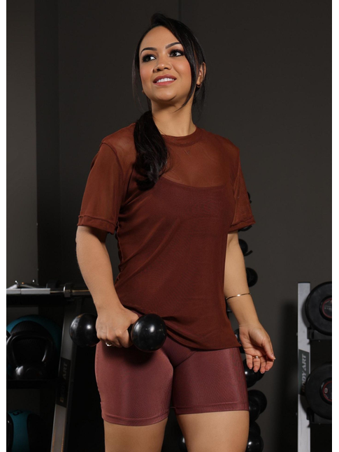 CAMISETA FITNESS NO TULE MARROM COLEÇÃO FEBELA MOVE
