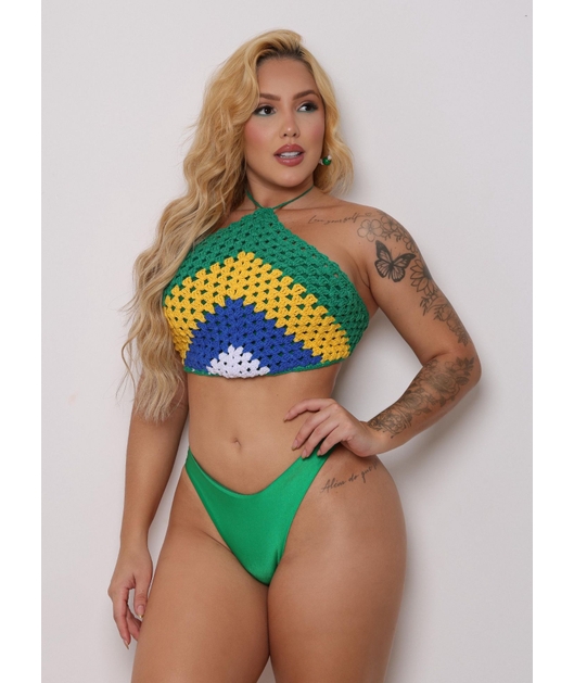 BIQUÍNI CROPPED CROCHÊ CALCINHA ASA DELTA VERDE BANDEIRA COLEÇÃO BRASIL RAIZ