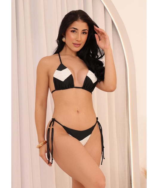 BIQUÍNI CORTININHA TRANÇA CALCINHA DE AMARRAR PRETO COLEÇÃO OÁSIS