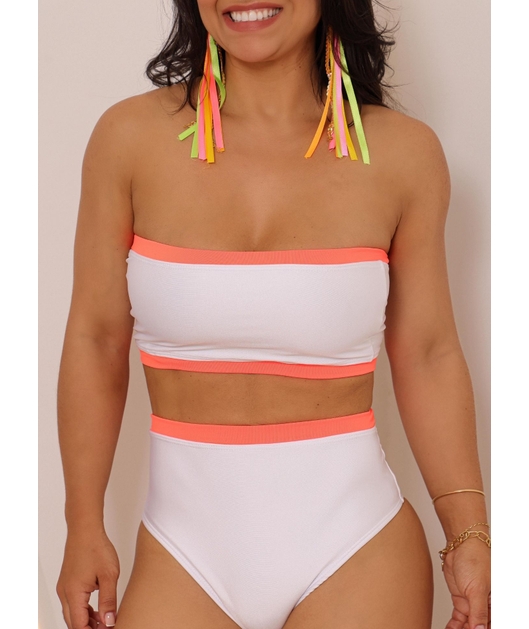 BIQUÍNI TOP FAIXA CALCINHA HOT PANTS BRANCO COM LARANJA NEON COLEÇÃO ESQUENTA FOLIA