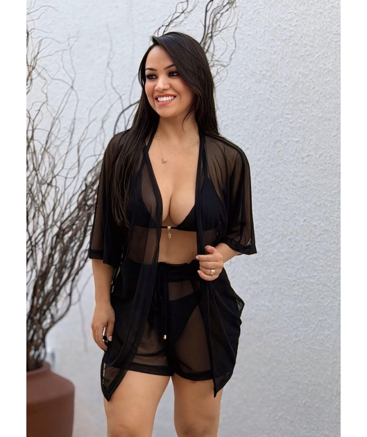 SAÍDA DE PRAIA KIMONO COM SHORT PRETO NO TULE