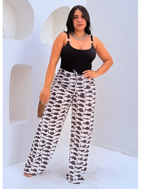 SAÍDA DE PRAIA CALÇA ESTAMPA MARÉ DE PEIXES PRETA COLEÇÃO SARDENHA