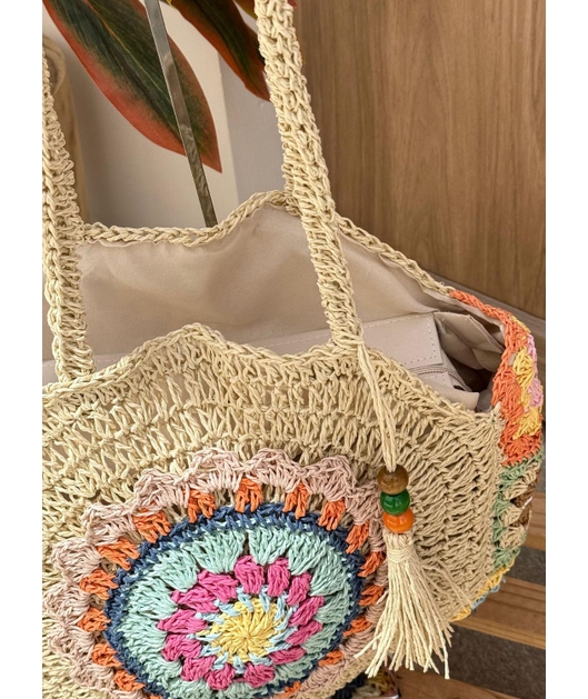 BOLSA DE PRAIA CROCHÊ MANDALA COLORIDA LOOK5849