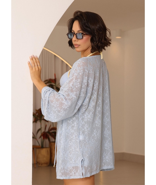 SAÍDA DE PRAIA CONJUNTO KIMONO COM SHORT NA RENDA AZUL COLEÇÃO ÁGUA VIVA