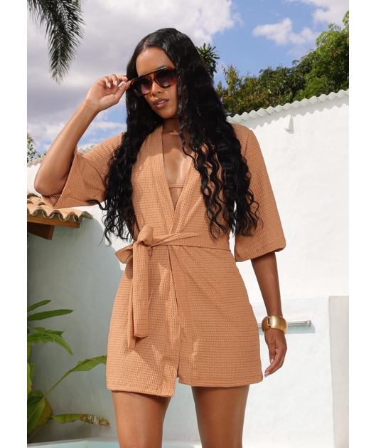 SAÍDA DE PRAIA KIMONO COM FAIXA BRONZE COLEÇÃO ILHA DO SOL