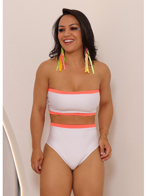 BIQUÍNI TOP FAIXA CALCINHA HOT PANTS BRANCO COM LARANJA NEON COLEÇÃO ESQUENTA FOLIA