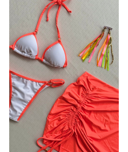 COMBO DE CARNAVAL BIQUÍNI CORTININHA BRANCO E MINI SAIA LARANJA NEON COLEÇÃO ESQUENTA FOLIA