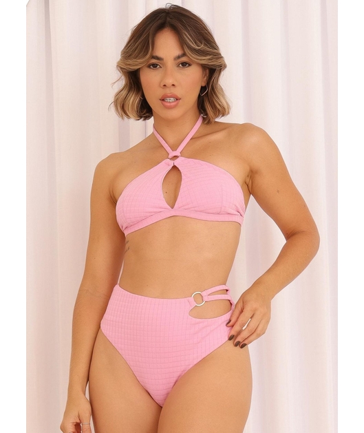 BIQUÍNI TOP FRENTE ÚNICA CALCINHA ALTA ROSA COLEÇÃO MARÉ FASHION
