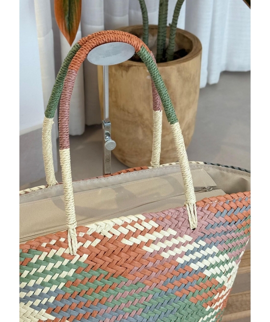 BOLSA ESTRUTURA EM PALHA COLORIDA TERRACOTA E VERDE