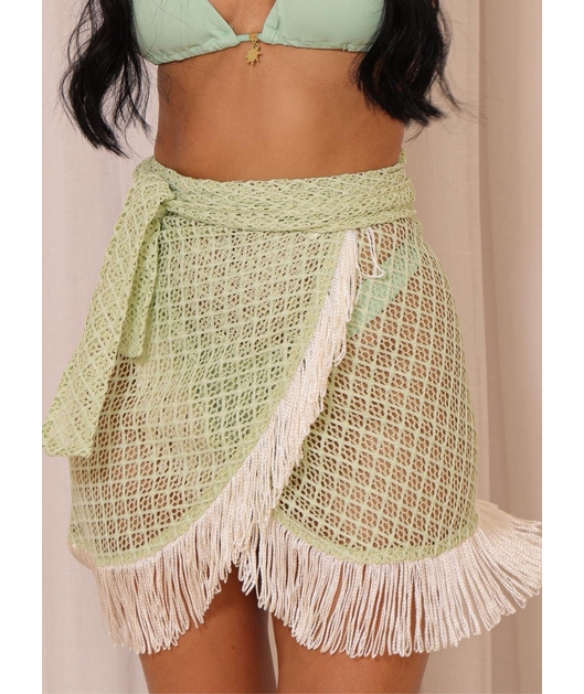 SAÍDA DE PRAIA PAREO CURTA COM FRANJA VERDE COLEÇÃO FOLIA
