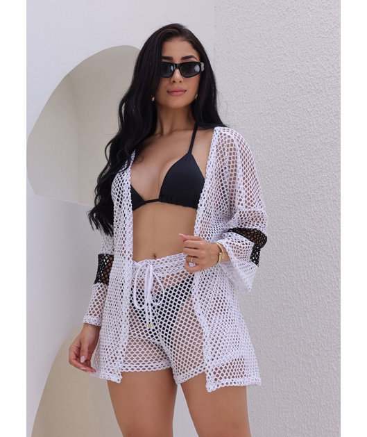 SAÍDA DE PRAIA CONJUNTO KIMONO NO ARRASTÃO BRANCA M216