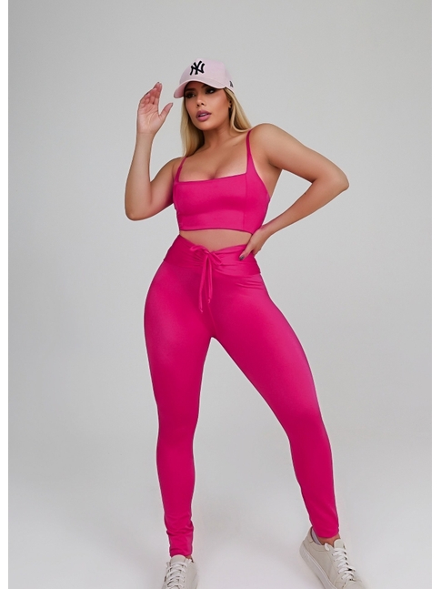 CONJUNTO FIT TRILOBAL TOP ALCA CALÇA COS ALTO PLISSADO ROSA