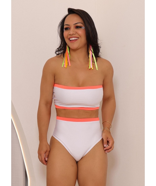 BIQUÍNI TOP FAIXA CALCINHA HOT PANTS BRANCO COM LARANJA NEON COLEÇÃO ESQUENTA FOLIA