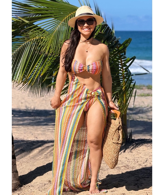 CONJUNTO BIQUÍNI TOP ARGOLA CALCINHA ASA DELTA COM SAIA LONGA ROSA COLEÇÃO CARIBENHA II