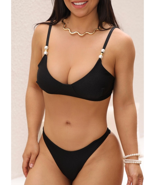 BIQUÍNI TOP PÉROLA CALCINHA ASA DELTA PRETO COLEÇÃO PARTIU PRAIA