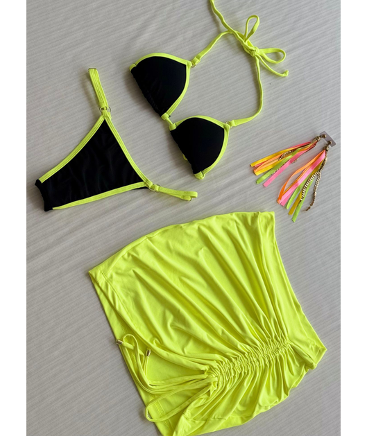 COMBO DE CARNAVAL BIQUÍNI CORTININHA PRETO E MINI SAIA VERDE NEON COLEÇÃO ESQUENTA FOLIA